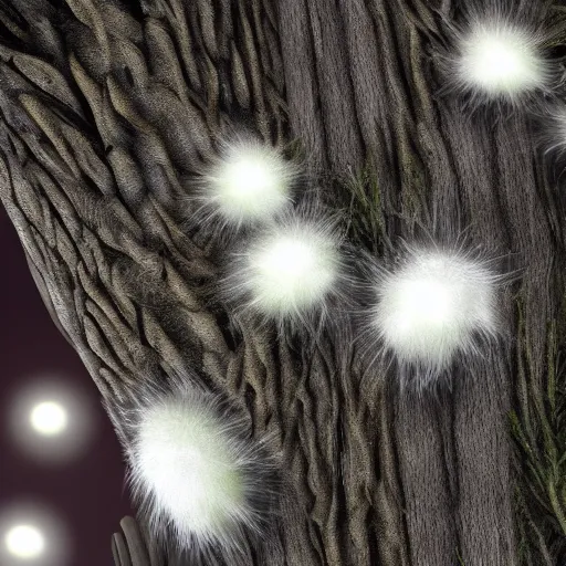 Image similar to bioluminescent white furry fungus growing on a dead tree, photorealistic, fungal, magic,