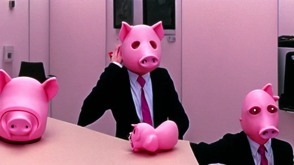 Image similar to a man wearing a pink suit and a pink pig mask sitting in an office, film still from the an anime directed by Katsuhiro Otomo with art direction by Salvador Dalí, wide lens