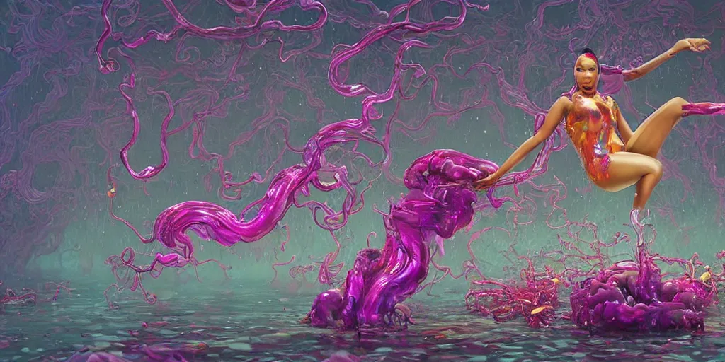 Image similar to nicki minaj, epic image of a glossy wet levitating floating fungus spirit with arms outstretched, made from colorful wet fungus tendrils. illustration by james jean, by ivan bilibin. uhd, amazing depth, glowing, golden ratio, 3 d octane cycle unreal engine 5, volumetric lighting, cinematic lighting, cgstation artstation concept art