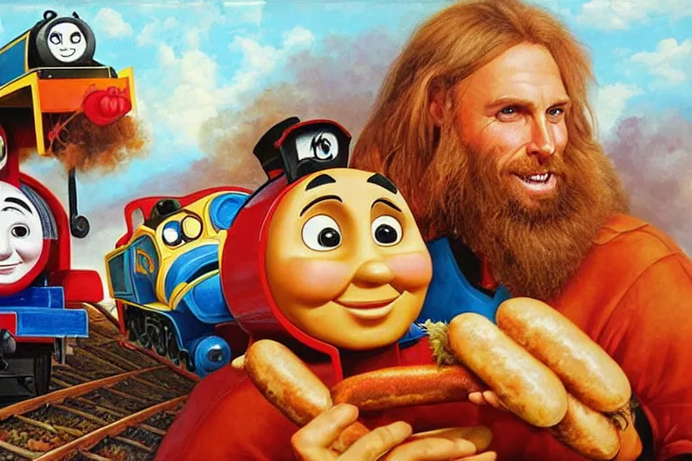 Image similar to portrait of wwf shawn michaels and thomas the tank engine sharing hotdogs, an oil painting by ross tran and thomas kincade