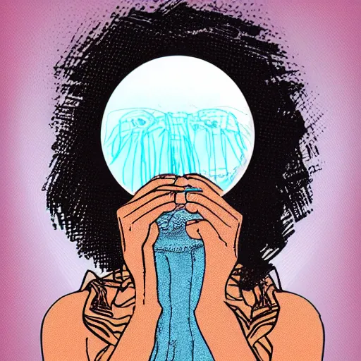 Prompt: woman lost in her thoughts through a magnifying glass, digital art