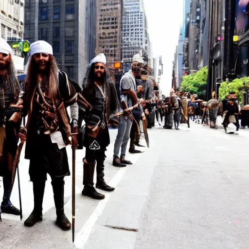 Image similar to real pirates standing with they swords ready in the middle of the road in new york city.