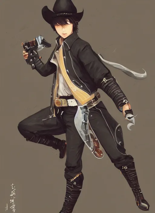Prompt: a highly detailed illustration of kento yamazaki as a cheeky cowboy wearing cowboy hat and black tracksuit, heroic mid air wielding revolvers pose, intricate, elegant, highly detailed, centered, digital painting, artstation, concept art, smooth, sharp focus, league of legends concept art, wlop