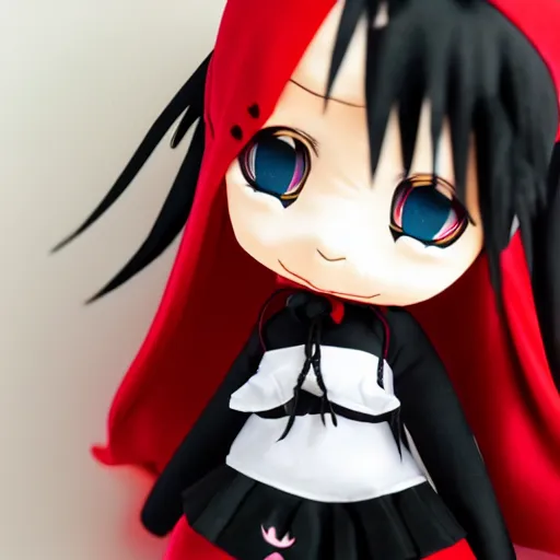 Prompt: cute fumo plush of a gothic maiden in a dark black uniform with a red cape, laces and ribbons, cel shading, anime girl, vray, symmetry