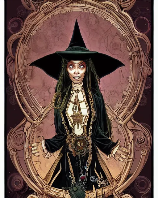 Image similar to a detailed portrait illustration of a steampunk wizard - nun. beautiful black female face, large chest. art nouveau, pop art, comic book style. influenced by neil gaiman, h. p. lovecraft, dan mumford, brian froud, vadim voitekhovitch, killian eng, ross tran.