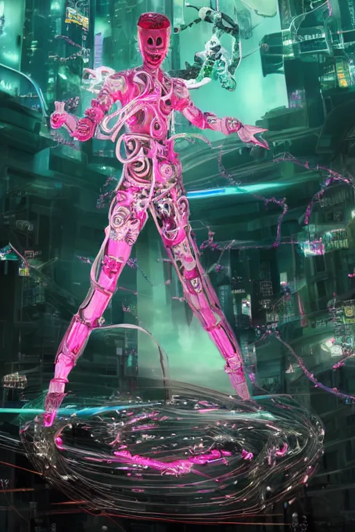 Prompt: full-body rococo and cyberpunk style quartz sculpture of a young handsome seductive japenese android ninja reaching for the sky, glowing pink laser eyes, crown of white gears and diamonds, swirling green-colored silk fabric. futuristic elements. full-length view. intricate artwork by caravaggio. Trending on artstation, octane render, cinematic lighting from the right, hyper realism, octane render, 8k, depth of field, 3D