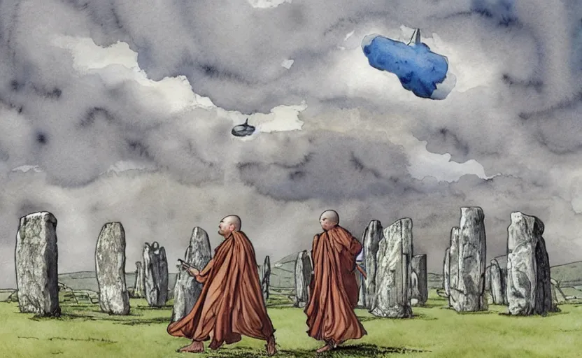 Prompt: a realistic watercolor fantasy concept art of giant monk with a big forehead in grey robes swaying in stonehenge. several immense stones are floating in the air. in the background a large ufo is in the sky. by rebecca guay, michael kaluta, charles vess