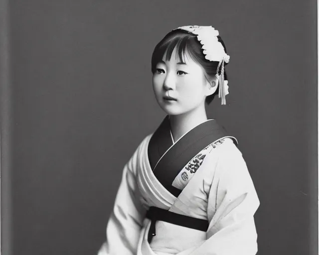 Prompt: young japanese girl in traditional japanese dress, pre-war black and white photo, cdx