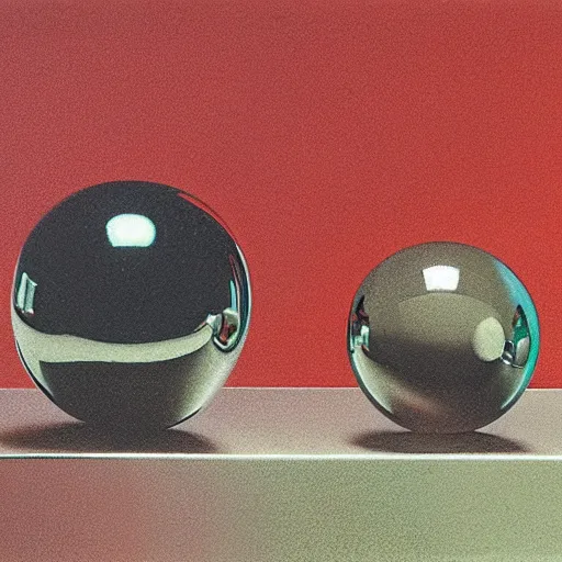 Prompt: chrome spheres on a red cube by george stubbs