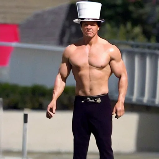 Image similar to mark wahlberg skating outside in a speedo with a tophat