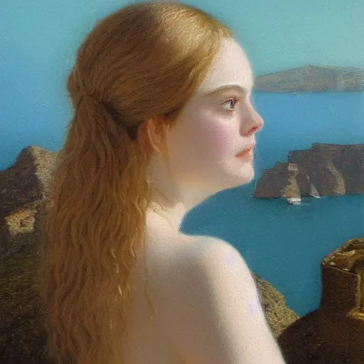 Image similar to Elle Fanning in Santorini, head and shoulders portrait, extremely detailed masterpiece, illustration, by Michael Sowa,