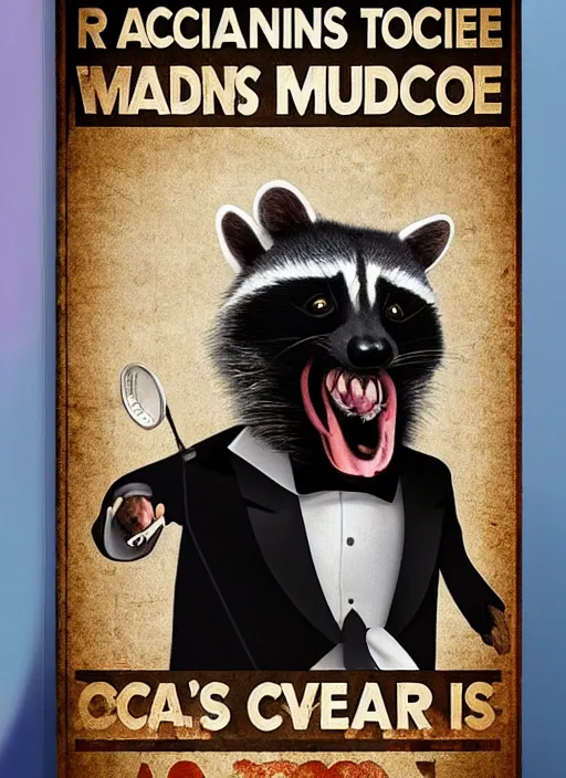 Prompt: A racoon screaming wearing a tuxedo, screaming into an oldschool microphone. Poster