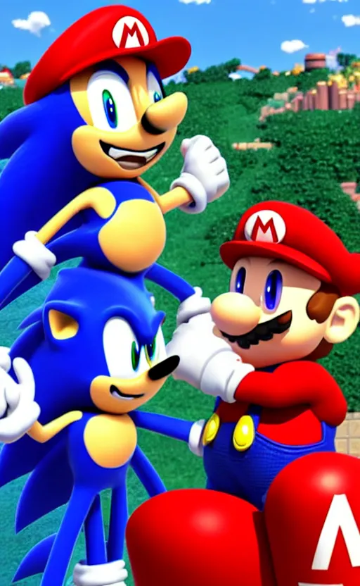 Image similar to a 3 d render of sonic hugging mario