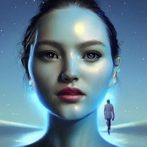 Image similar to 3 d, sci - fi, close - up, night, smiling fashion model face, sun, cinematic, clouds, sun rays, vogue cover style, poster art, blue mood, realistic painting, intricate oil painting, high detail illustration, figurative art, multiple exposure, poster art, 3 d, by tooth wu and wlop and beeple and greg rutkowski