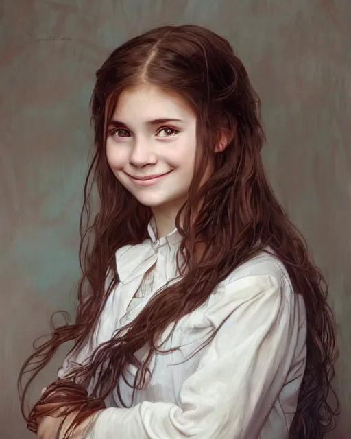 Image similar to portrait of 1 5 - year - old girl, little smile, with large front teeth, hermione, very bushy brown hair, and very bright brown eyes, wearing white shirt, hyper realistic face, beautiful eyes, close up, fantasy art, in the style of greg rutkowski, intricate, alphonse mucha, hyper detailed, smooth