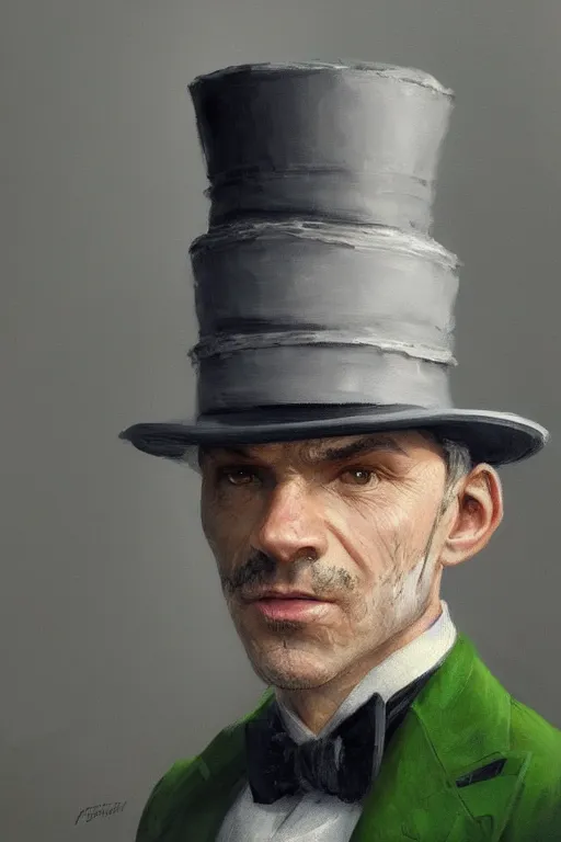 Image similar to a grey hair old halfling green eyes with stubble top hat and suit by Greg Rutkowski, painting, portrait, HD, high details, trending on artstation