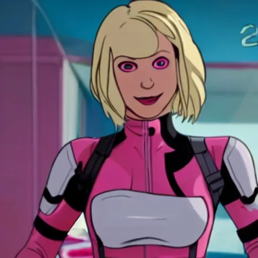 Image similar to A still of Gwenpool in Deadpool 3 (2023), blonde hair with pink highlights, no mask, white and light-pink outfit, smiling and winking at the camera, comics accurate design