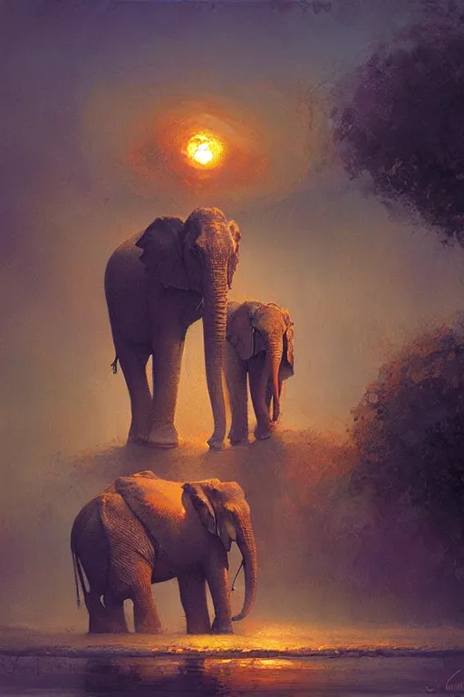 Image similar to spiritual twin flame elephant art, dusk hue, highly detailed, oil painting, by craig mullins