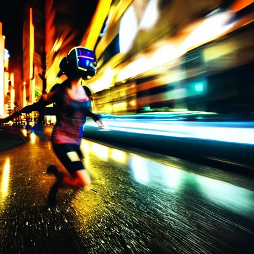 Prompt: gopro pov of a woman wearing scifi helmet running motion blur, cyberpunk night, city, raining