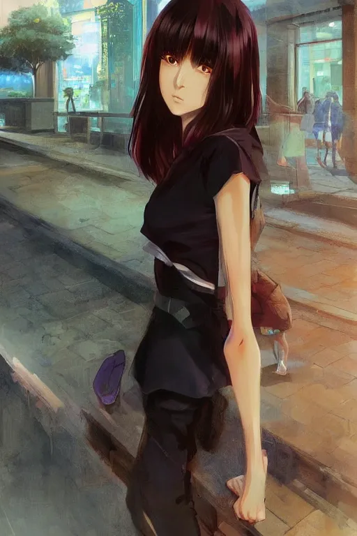 Image similar to a girl in the mall, full body shot, intriguing outfit, fine - face, realistic shaded perfect body, fine details. night setting. very anime style. realistic shaded lighting poster by ilya kuvshinov katsuhiro, magali villeneuve, artgerm, jeremy lipkin and michael garmash, rob rey and kentaro miura style, trending on art station