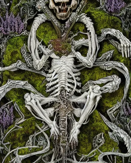 Image similar to white dragon skeleton covered in moss and flowers, intricate details, hyperrealistic, hr giger