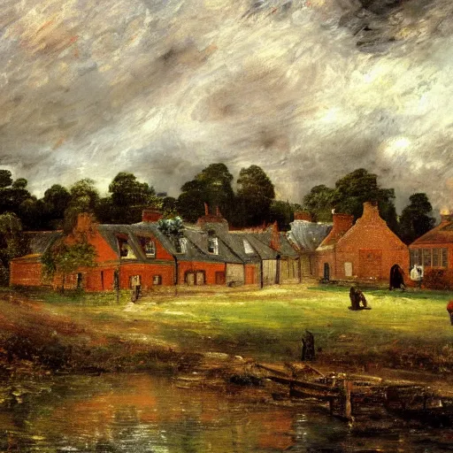 Image similar to Painting of a victorian town in the style of John Constable. Highly detailed, 4k resolution, well lit