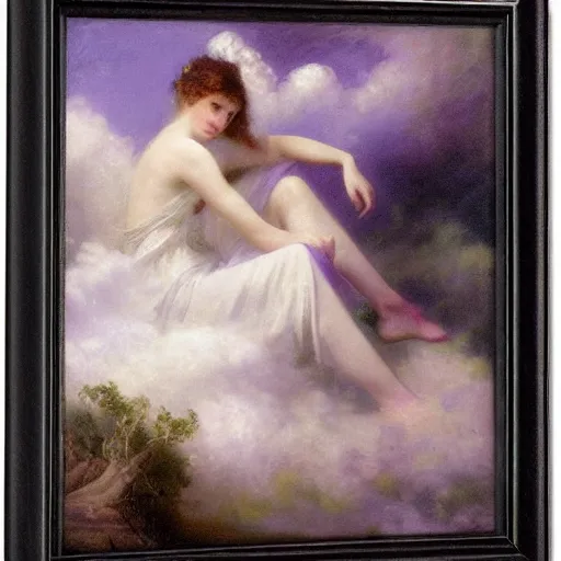 Prompt: A beautiful body art of a castle in the clouds. pale violet by Thomas Benjamin Kennington turbulent, harrowing