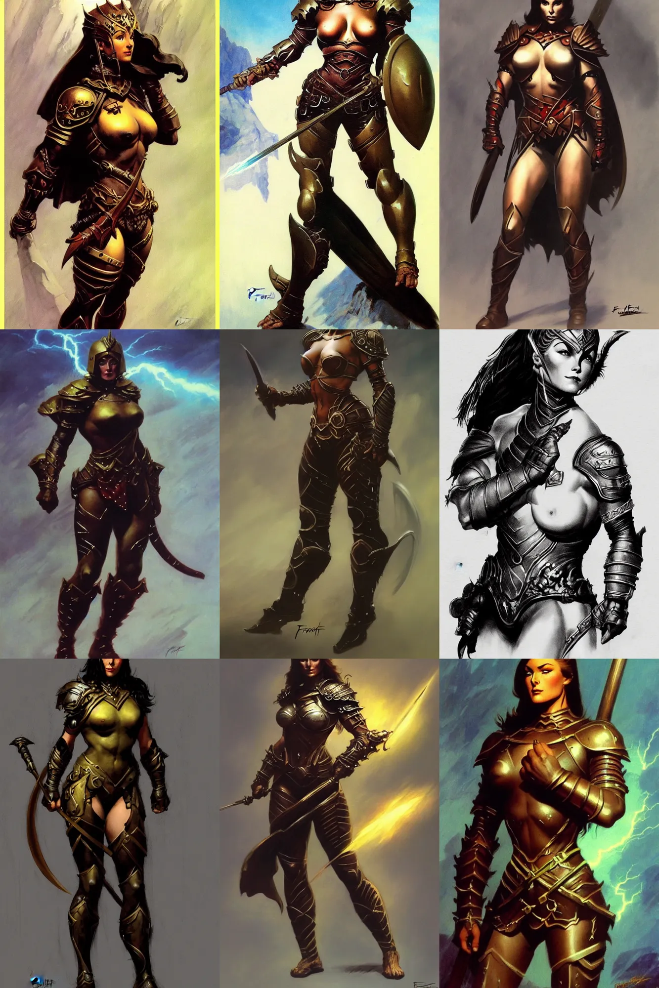 Prompt: high fantasy female wearing spandex armour portrait by Frank frazetta full body profile, trending on artstation, dramatic lightning