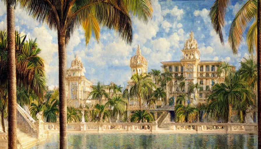 Image similar to a ultradetailed beautiful painting of the amazonas palace balustrade designed by jules bastien - lepage, hans belmer, frank weston and gustave baumann, beach, trending on artstation, mediterranean, palm trees, refracted color sparkles, sharp focus, soft light, 8 k 4 k