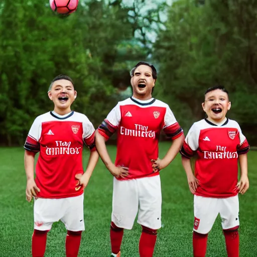 Prompt: a promo portrait of anthropormorphic hot dogs in arsenal soccer jerseys playing football, happy,