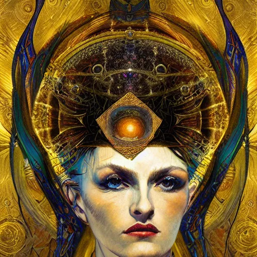 Image similar to Divine Chaos Engine by Karol Bak, Jean Deville, Gustav Klimt, and Vincent Van Gogh, beautiful visionary mystical portrait, otherworldly, fractal structures, ornate gilded medieval icon, third eye, spirals