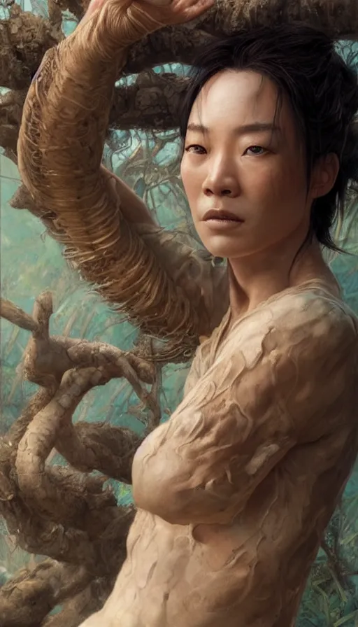 Image similar to epic masterpiece portrait crouching tiger, hidden dragon, sweaty skin, hyperrealistic, octane render, cinematic, beautiful face and flawless skin, perfect hands, 5 fingers, by Edgar Maxence and Ross Tran and Michael Whelan, Legends of Runeterra