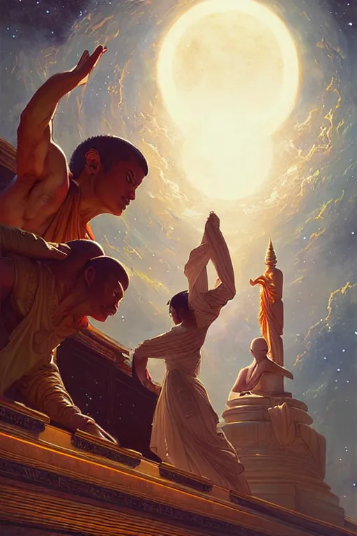 Image similar to space, temple, buddhism, painting by greg rutkowski, j. c. leyendecker, artgerm