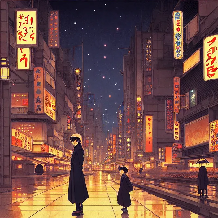 Image similar to empty tokyo at night, winter, in the style of studio ghibli, j. c. leyendecker, greg rutkowski, artem