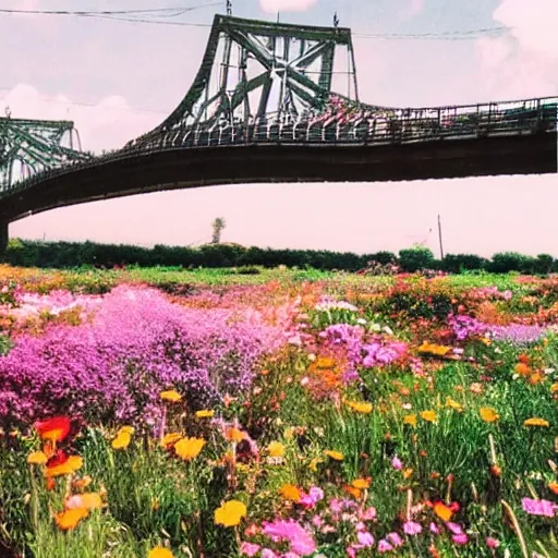 Image similar to somali friends, vintage, studio ghibli, field of flowers, city bridge, beautiful, happy, dreamy, pastel