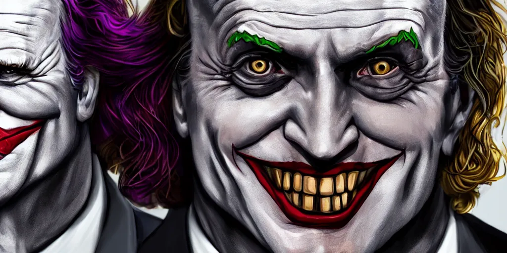 Prompt: Joe Biden as a the Joker. Creepy smile. Concept Art. 8k Resolution High Quality