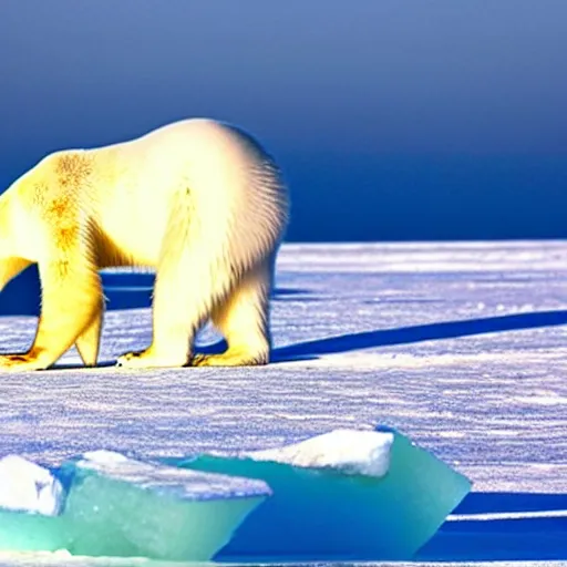 Image similar to a photo of a skinny polar bear beside a block of ice, on a tiny pacific island, beautiful desert island, national geographic