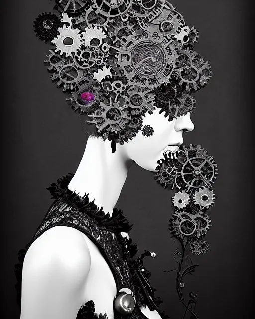 Image similar to masterpiece profile portrait painting, dutch masters, black and white, silver lace floral steampunk biomechanical beautiful one techno eye young female cyborg, big monocular, volumetric light, leaves foliage and stems, hibiscus flowers, by cecile beaton, rim light, big gothic fashion pearl embroidered collar, 8 k