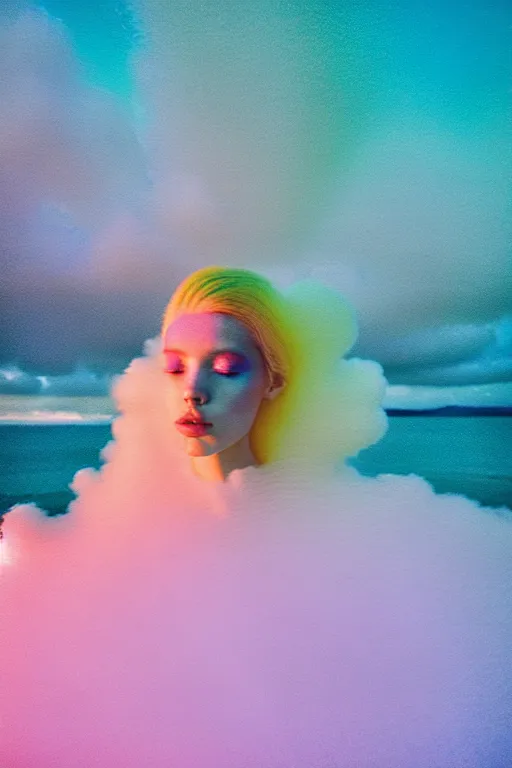 Image similar to high quality pastel coloured film close up wide angle photograph of a model wearing clothing swimming on cloud furniture in a icelandic black rock!! environment in a partially haze filled dreamstate world. three point light, rainbow. photographic production. art directed. pastel colours. volumetric clouds. pastel gradient overlay. waves glitch artefacts. extreme facial clarity. 8 k. filmic.