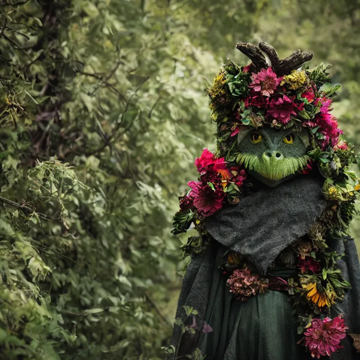 Image similar to a green-horned goblin monster wearing a cloak made of flowers, by Omar Z. Robles, CANON Eos C300, ƒ1.8, 35mm, 8K, medium-format print