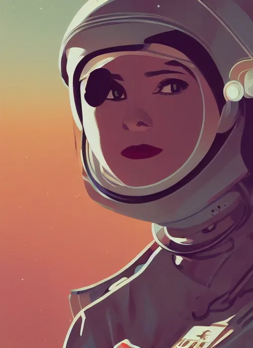 Image similar to illustration of the first female astronaut to reach and explore far off alien planet, retro futurism 1 9 5 0 s, half portrait by stanley artgerm, dramatic lighting, ilya kuvshinov, trending on artstation, flat colour, geometric curves, gradient filter, pleasing tone colours, by conrad roset