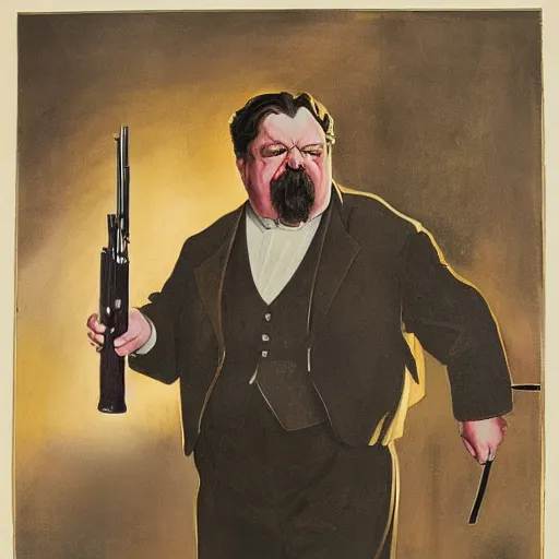 Prompt: gk chesterton with a muscles and a shotgun. portrait by james gurney.