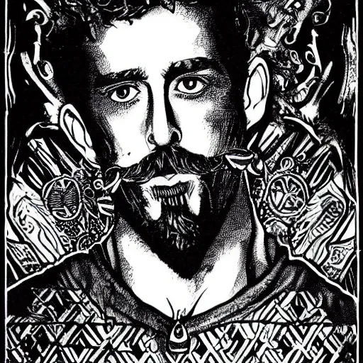 Image similar to black and white pen and ink!!!! rugged royal masonic goetic!! Frank Zappa x Ryan Gosling golden!!!! Vagabond!!!! floating magic swordsman!!!! glides through a beautiful!!!!!!! battlefield dramatic esoteric!!!!!! pen and ink!!!!! illustrated in high detail!!!!!!!! by Junji Ito and Hiroya Oku!!!!!!!!! graphic novel published on 2049 award winning!!!! full body portrait!!!!! action exposition manga panel black and white Shonen Jump issue by David Lynch and Ari Aster beautiful line art Araki