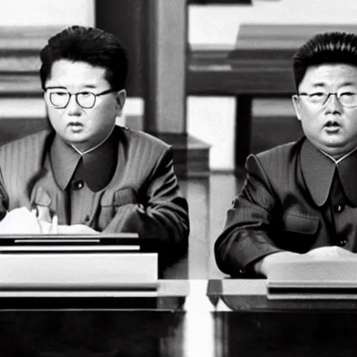 Prompt: split screen filmstill of Kim Jong-il and Shin Sang-ok