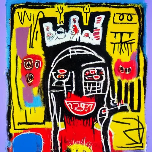 Image similar to “berries, diamonds, pigs, weeds, bagels, emo catgirl, Acrylic and spray paint and oilstick on canvas by Jean-Michel Basquiat”