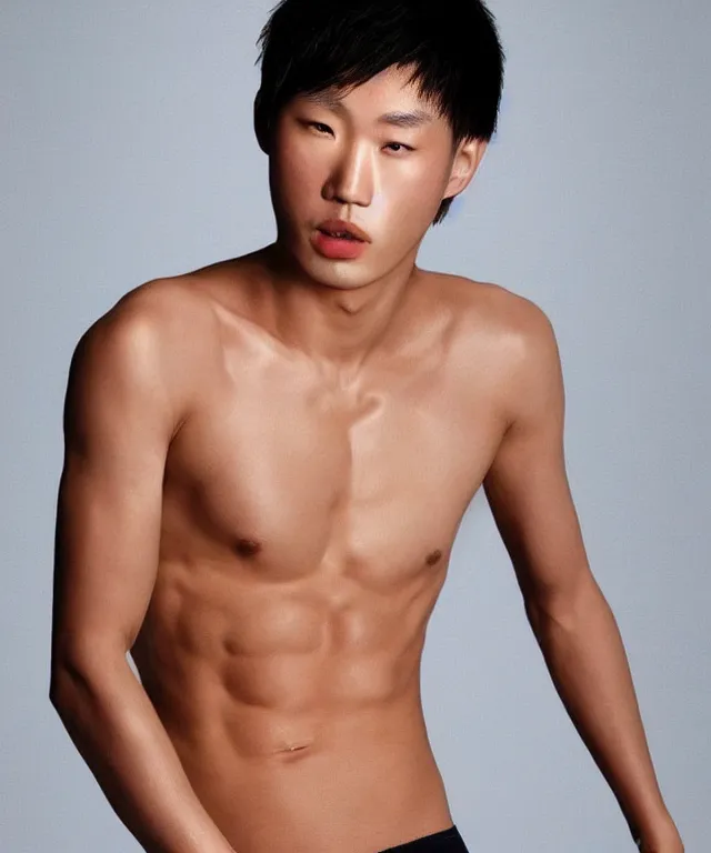 Image similar to a hybrid of asian man's body and victoria's secret white model's head, realistic