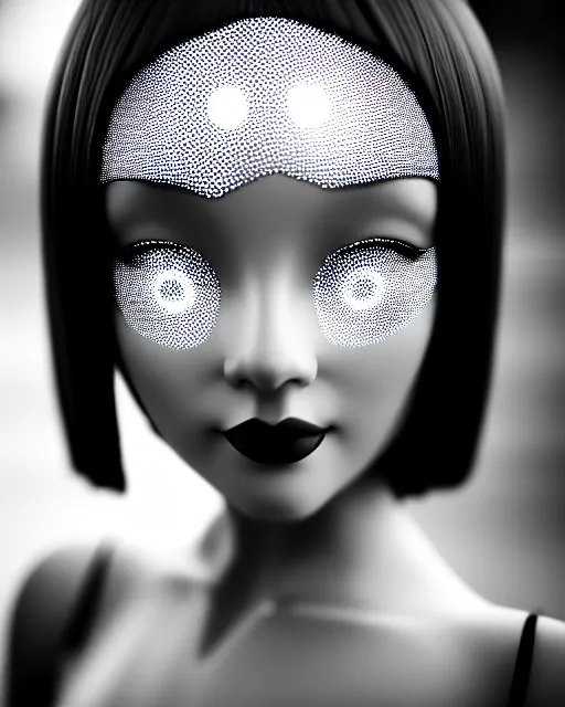 Image similar to black and white dreamy young beautiful female artificial intelligence, metropolis, cinematic, rim light, bokeh, photo - realistic, elegant, high detail, 8 k, masterpiece, photo taken in 1 9 3 0