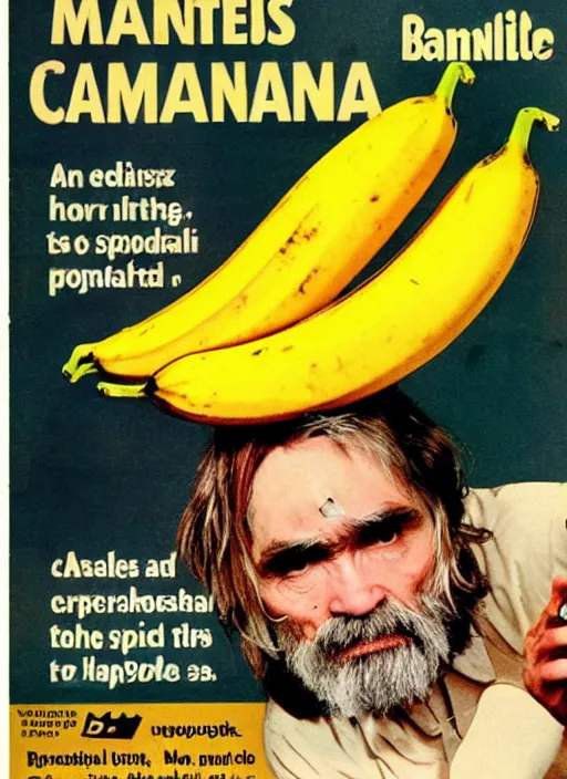 Image similar to vintage pharamaceutical magazine advertisement depicting charles manson slipping on a banana peel