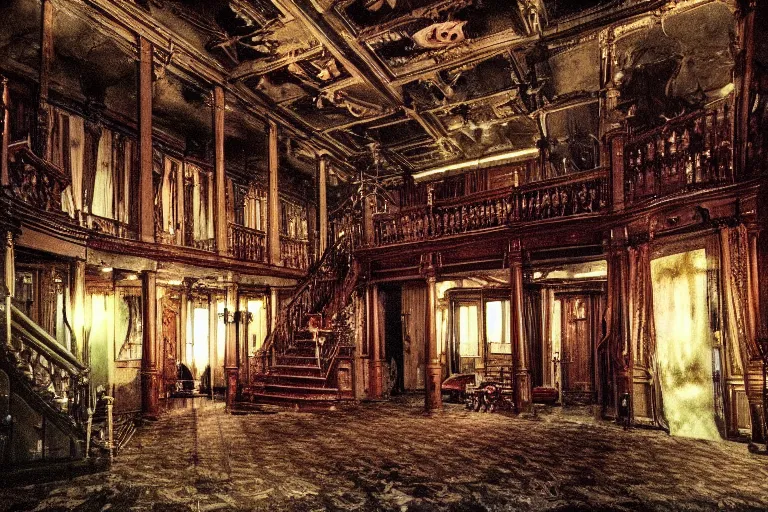 Image similar to full - color photo of the interior of a spooky old mansion at night. the interior architecture and layout are illogical, surreal, bizarre, complicated, and labyrinthine. there is a faintly - visible victorian ghost lurking.