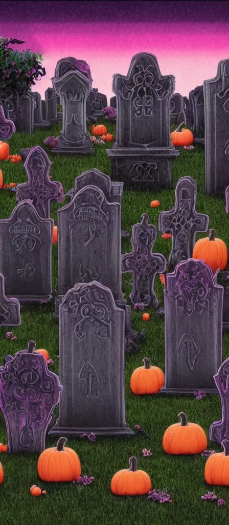 Image similar to a detailed matte painting of a muted skullwave vaporwave ombre. a small creepy garden at night with cross - shaped tombstone and pumpkins.